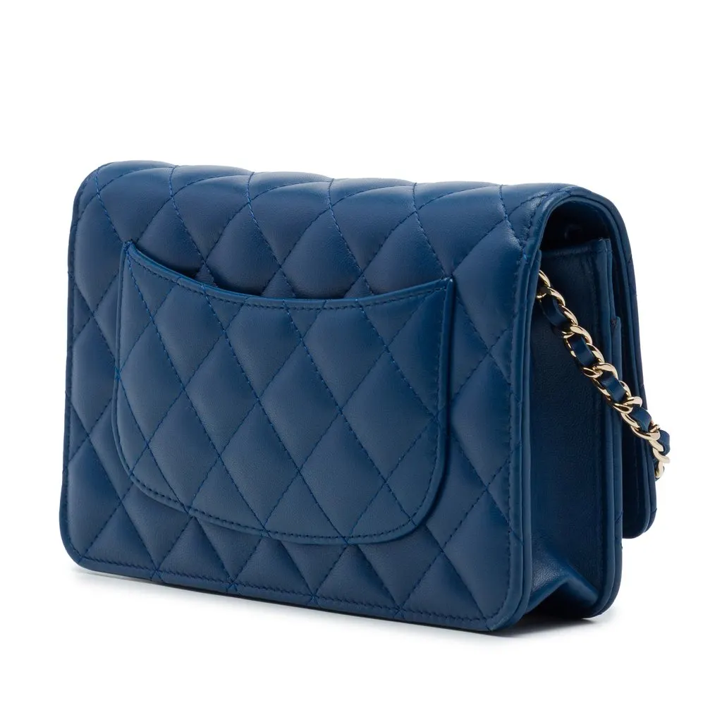 Chanel CC Quilted Lambskin Wallet On Chain Blue Leather Very good - Back View