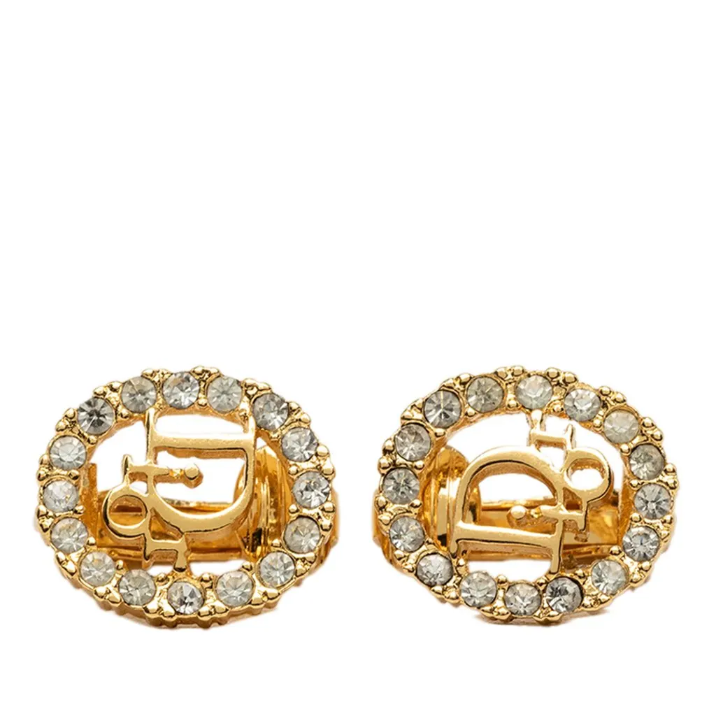 Dior Gold Plated Strass Logo Clip On Earrings Gold Metal Very good - Front View