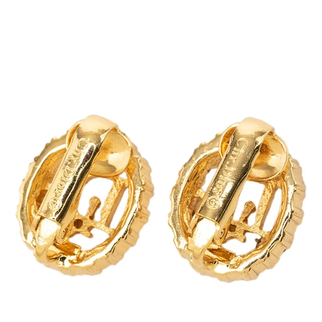 Dior Gold Plated Strass Logo Clip On Earrings Gold Metal Very good - Back View