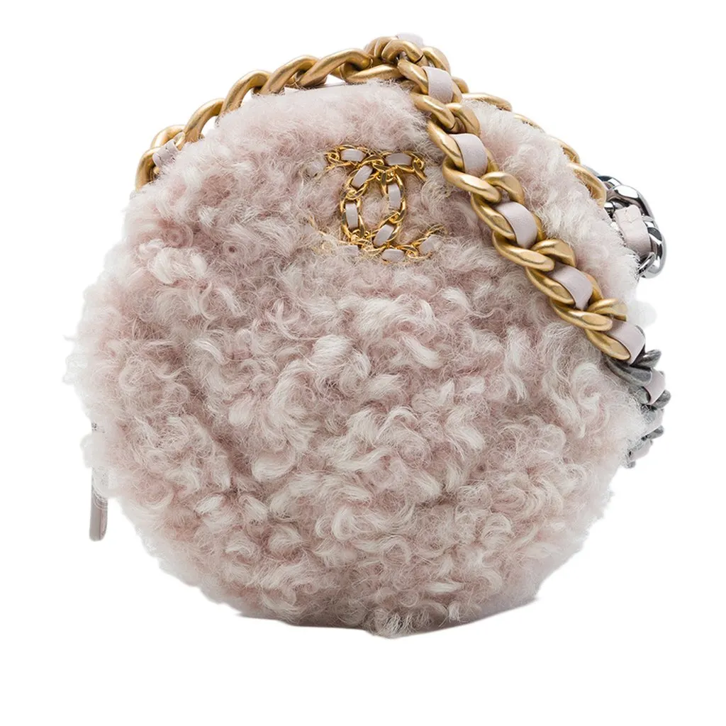Chanel Shearling 19 Round Clutch with Chain Pink Shearling Very good - Front View