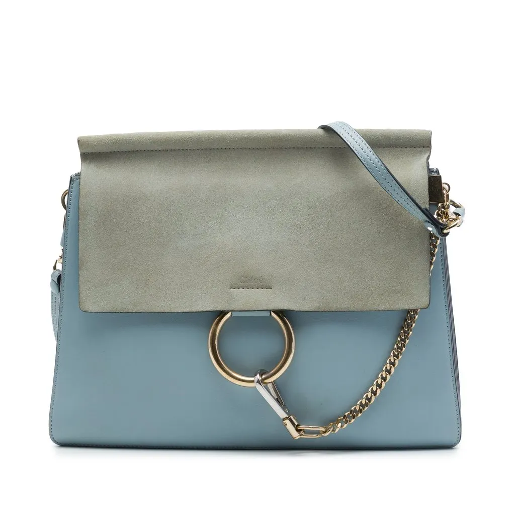 Chloé Medium Calfskin and Suede Faye Crossbody Blue Leather Good - Front View