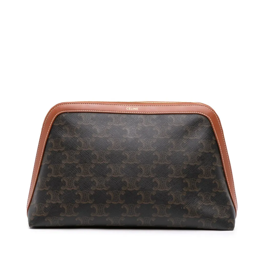 Celine Triomphe Coated Canvas Clutch Brown Canvas Good - Front View