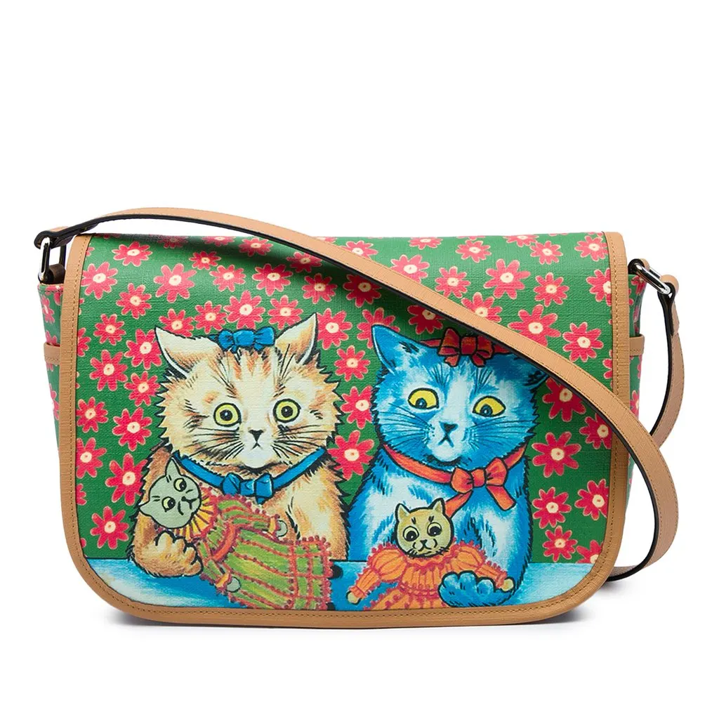 Gucci Kids Coated Canvas Floral Cat Print Messenger Bag Green Canvas Good - Front View