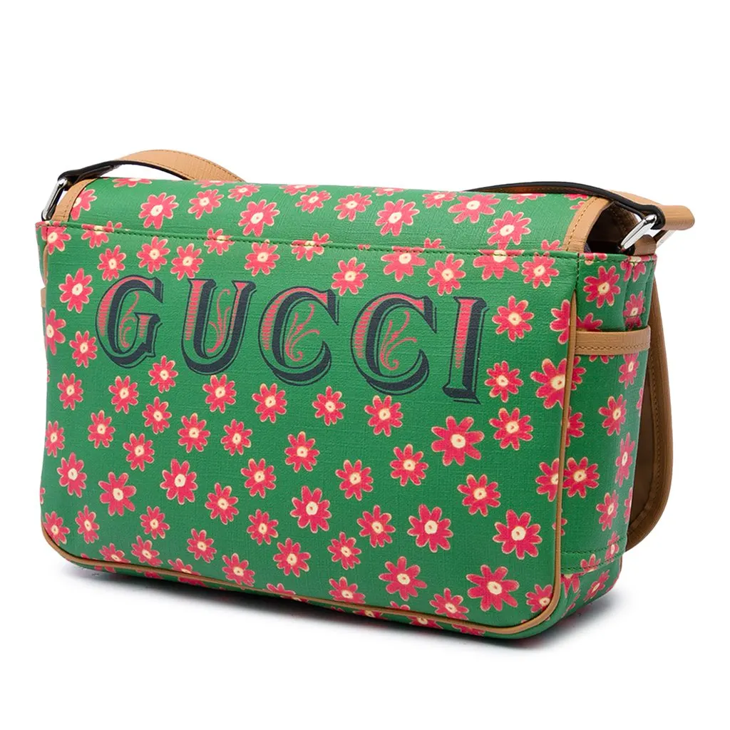 Gucci Kids Coated Canvas Floral Cat Print Messenger Bag Green Canvas Good - Back View