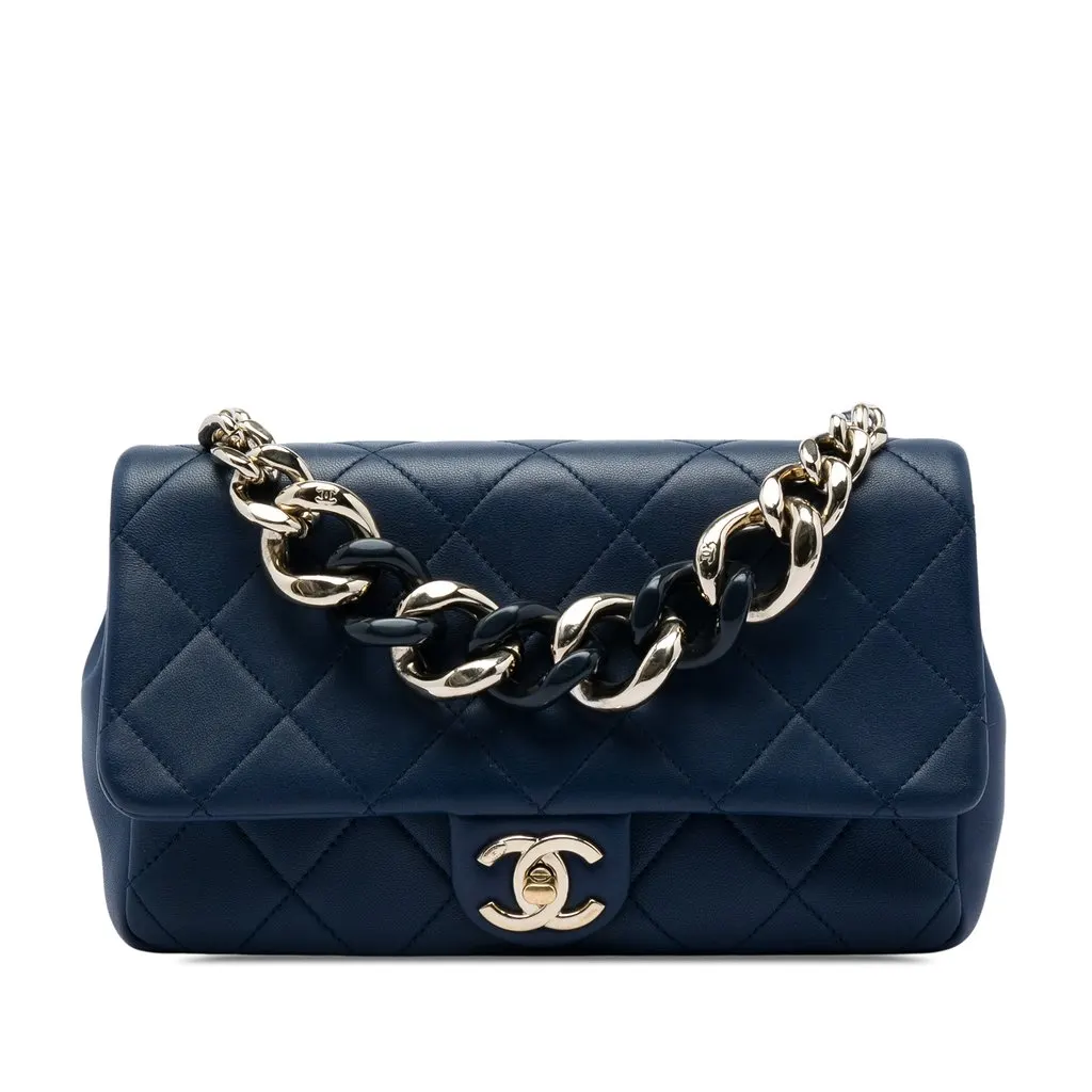 Chanel Small Lambskin Elegant Chain Single Flap Blue Leather Very good - Front View