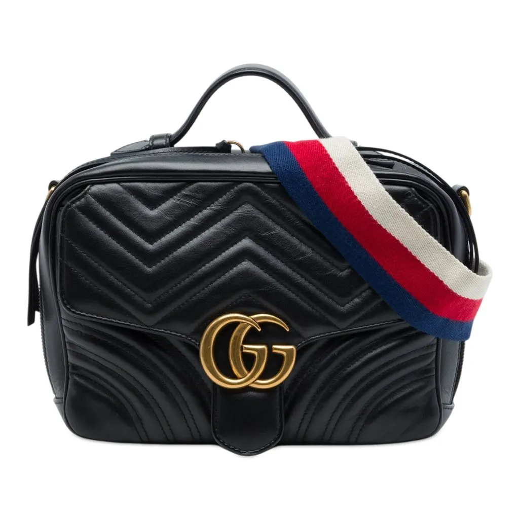 Gucci Small GG Marmont Matelasse Calfskin Top Handle Satchel Black Leather Very good - Front View