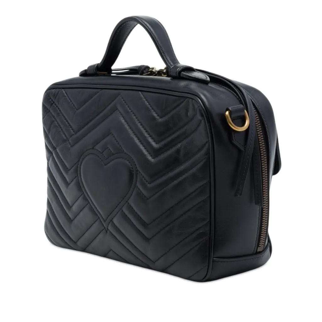 Gucci Small GG Marmont Matelasse Calfskin Top Handle Satchel Black Leather Very good - Back View