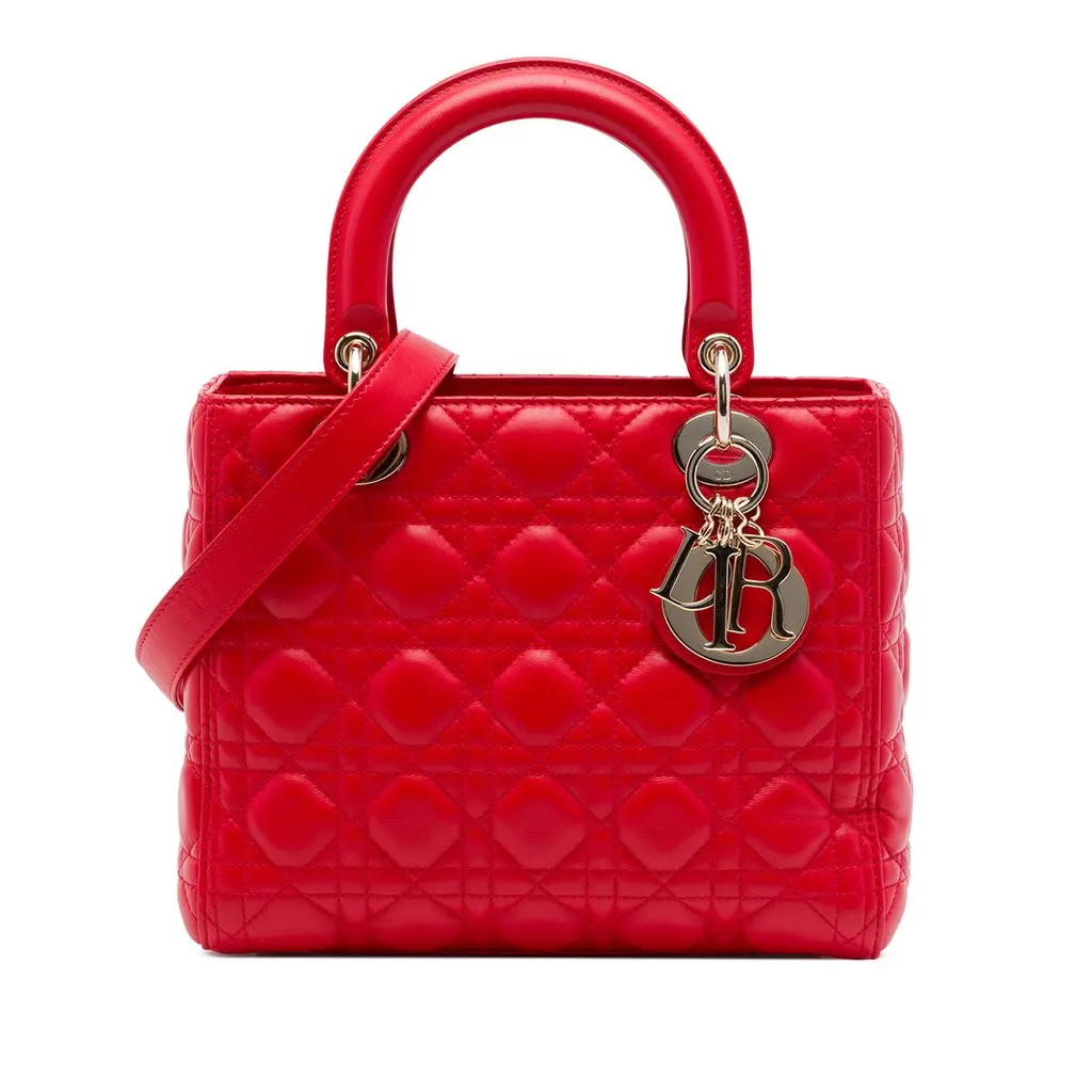 Dior Medium Lambskin Cannage Lady Dior Red Leather Good - Front View