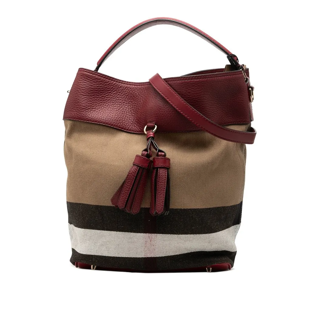 Burberry Medium Mega Check Canvas and Grained Calfskin Ashby Tassel Bucket Bag Brown Very good - Front View