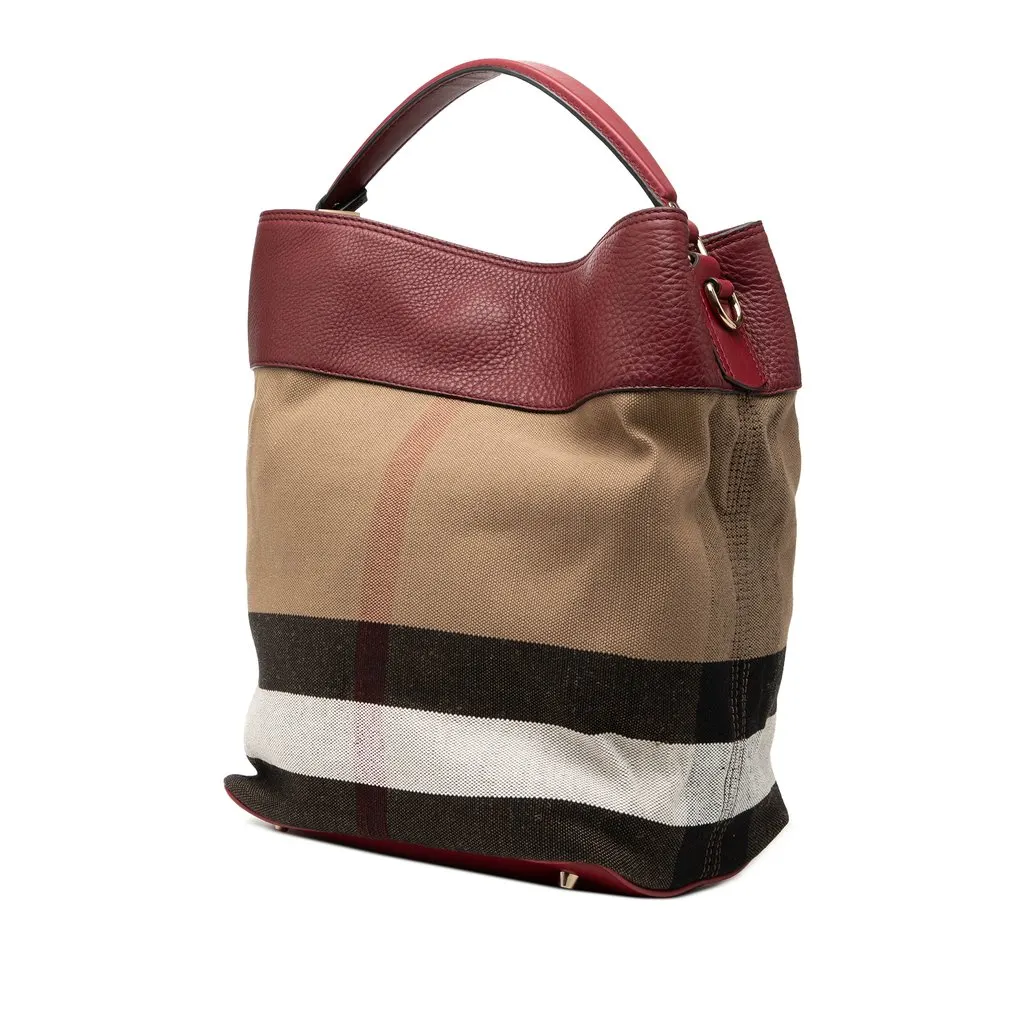 Burberry Medium Mega Check Canvas and Grained Calfskin Ashby Tassel Bucket Bag Brown Very good - Back View