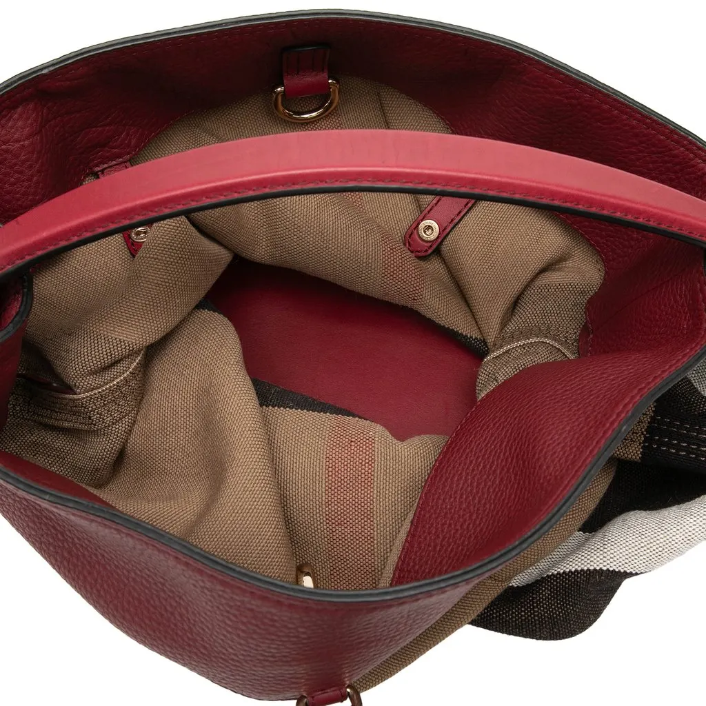 Burberry Medium Mega Check Canvas and Grained Calfskin Ashby Tassel Bucket Bag Brown Very good - Model View