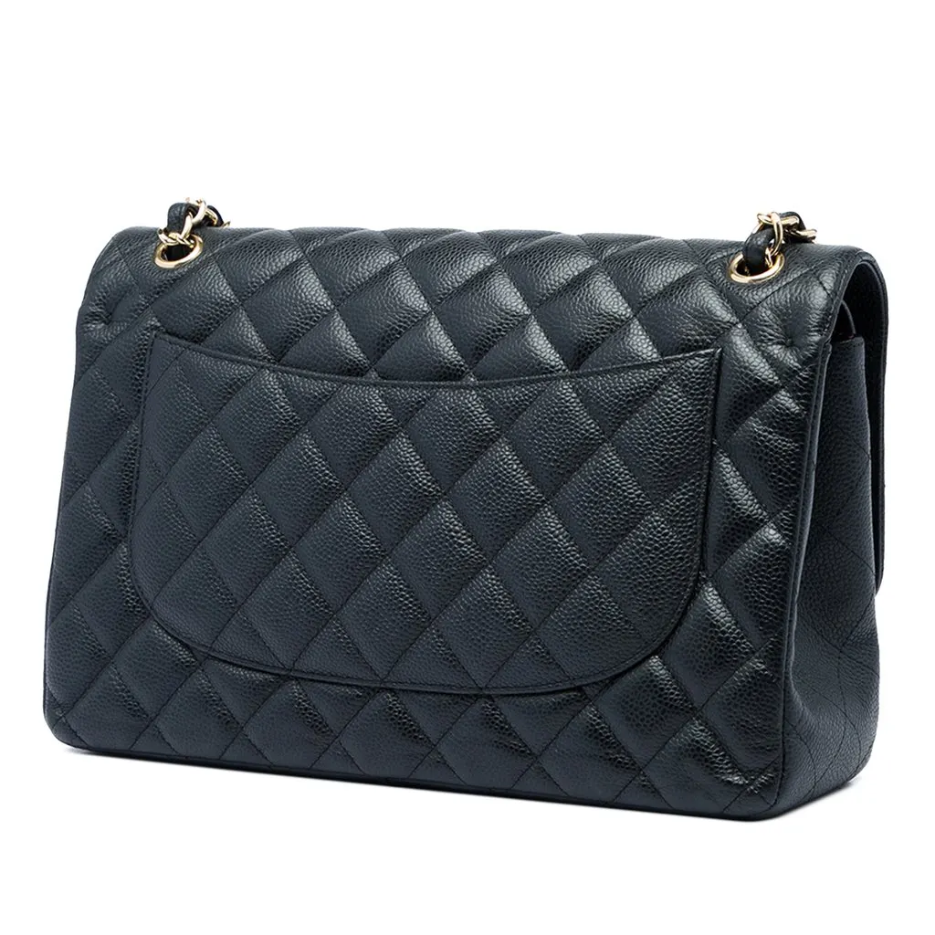 Chanel Jumbo Classic Caviar Double Flap Black Leather Good - Back View