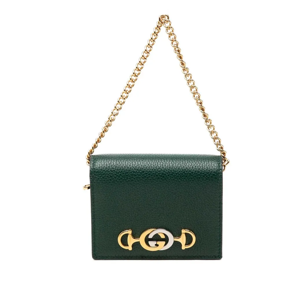 Gucci Grained Calfskin Zumi Wallet on Chain Green Leather Very good - Front View