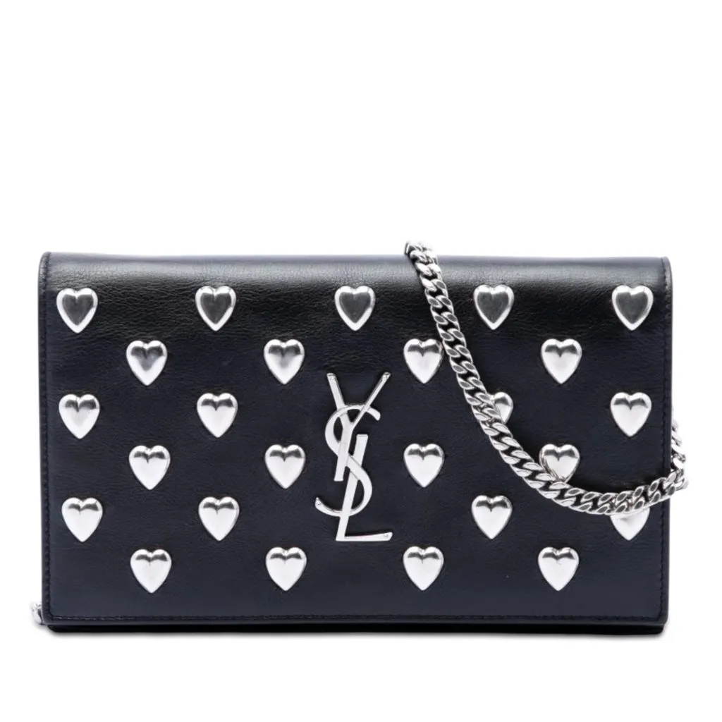 Saint Laurent Medium Calfskin Monogram Heart Studded Kate Crossbody Black Leather Very good - Front View