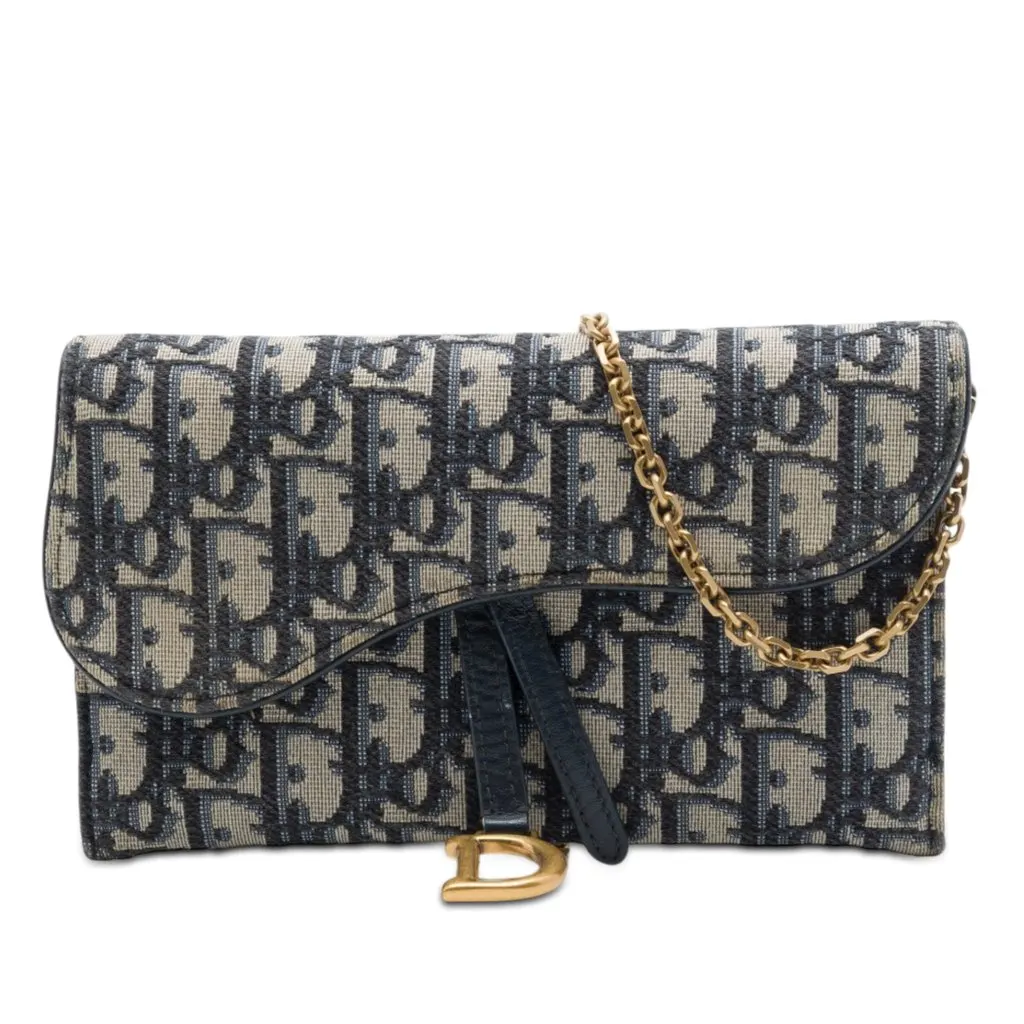 Dior Oblique Canvas Saddle Wallet On Chain Blue Good - Front View