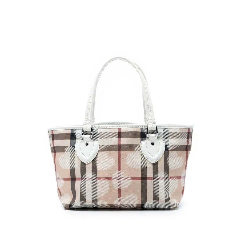 Burberry House Check Coated Canvas Hearts Tote Beige Good - Front View