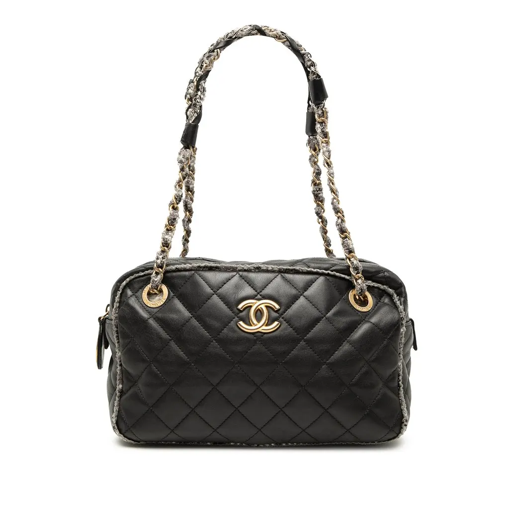 Chanel CC Quilted Lambskin Tweedy Bowler Bag Black Leather Very good - Front View