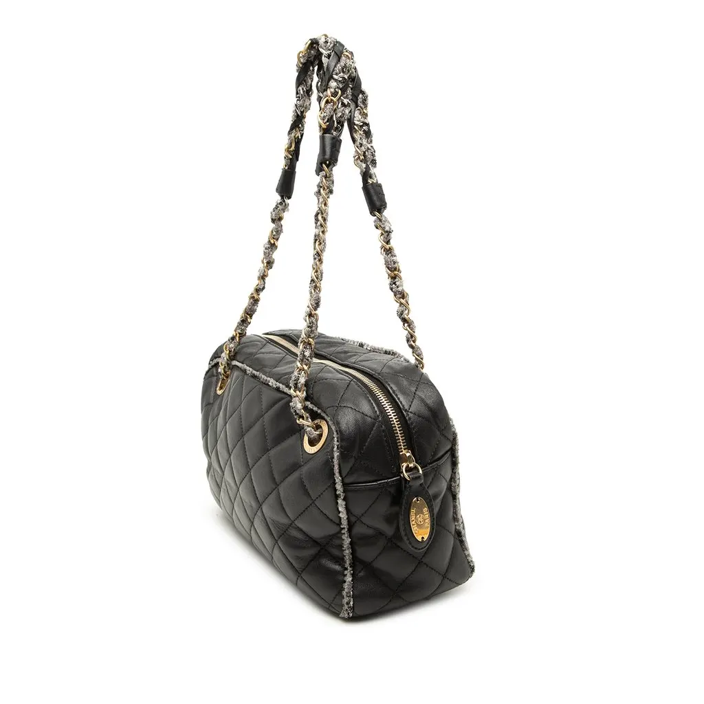Chanel CC Quilted Lambskin Tweedy Bowler Bag Black Leather Very good - Back View
