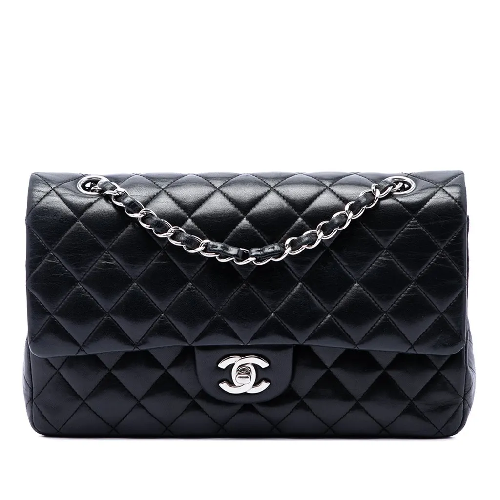 Chanel Medium Classic Lambskin Double Flap Black Leather Very good - Front View
