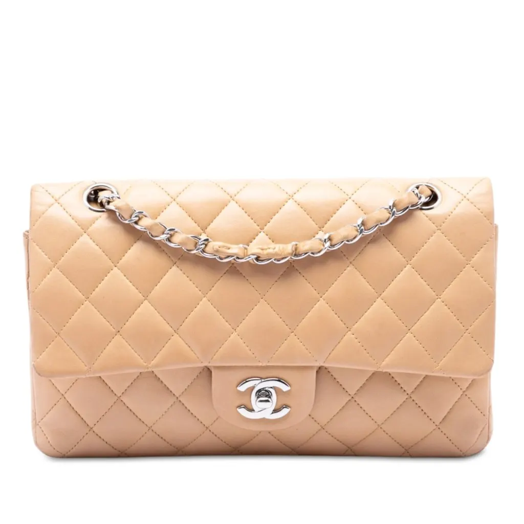 Chanel Medium Classic Lambskin Double Flap Beige Leather Very good - Front View
