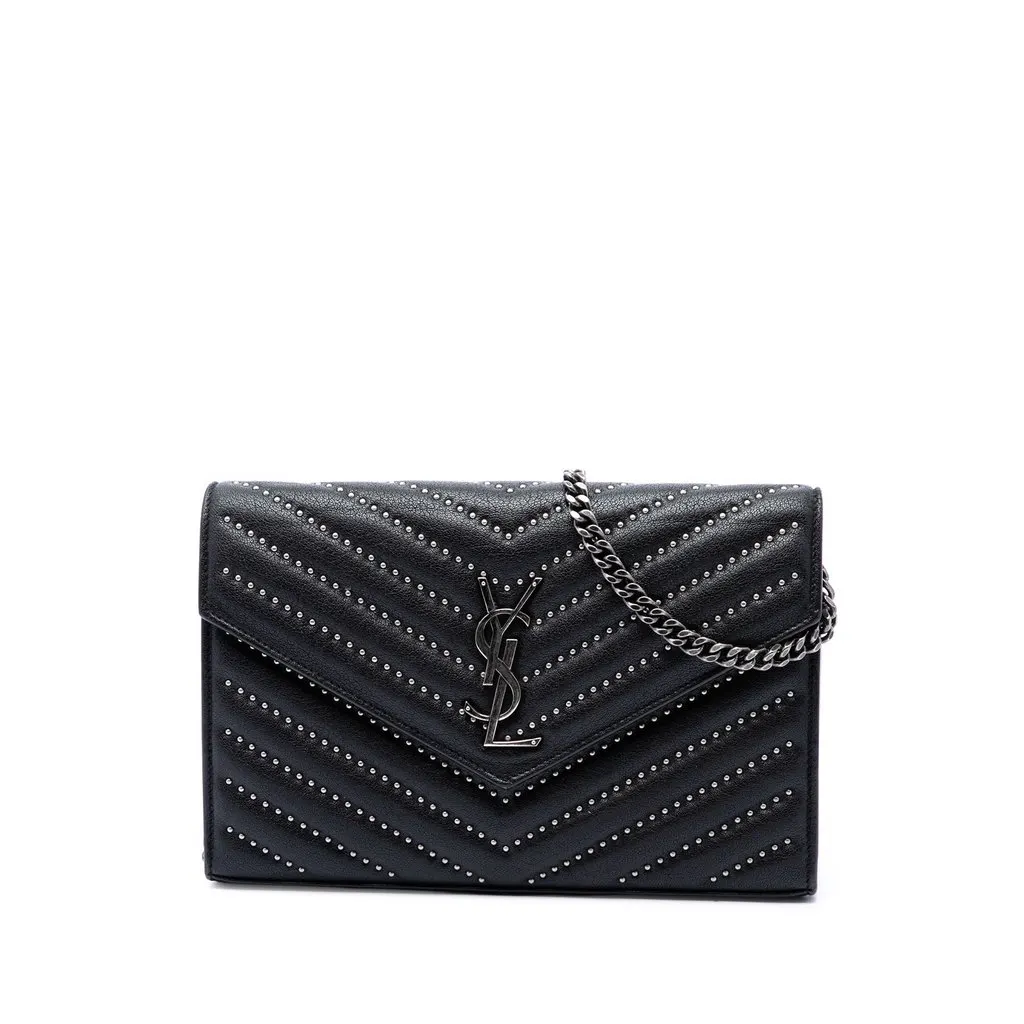 Saint Laurent Chevron Studded Sheepskin Monogram Envelope Chain Wallet Black Leather Very good - Front View