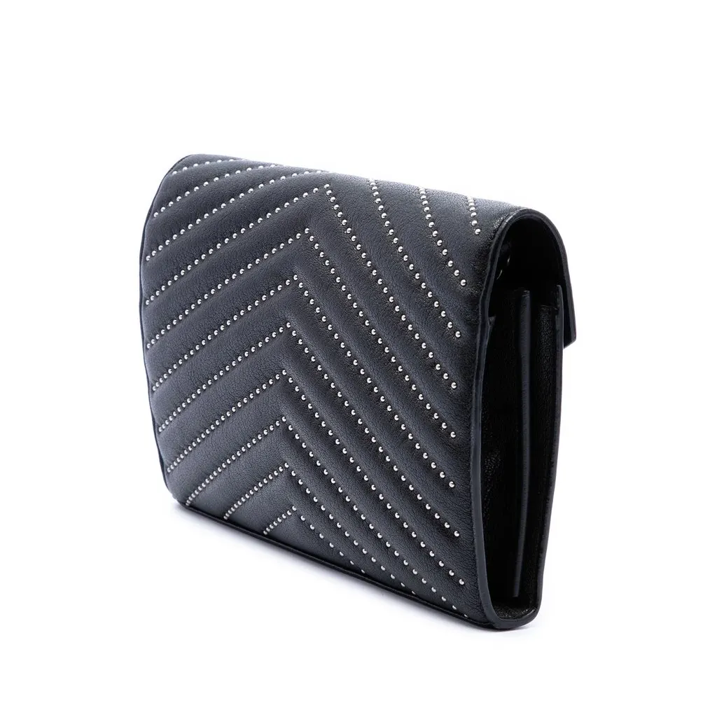 Saint Laurent Chevron Studded Sheepskin Monogram Envelope Chain Wallet Black Leather Very good - Back View