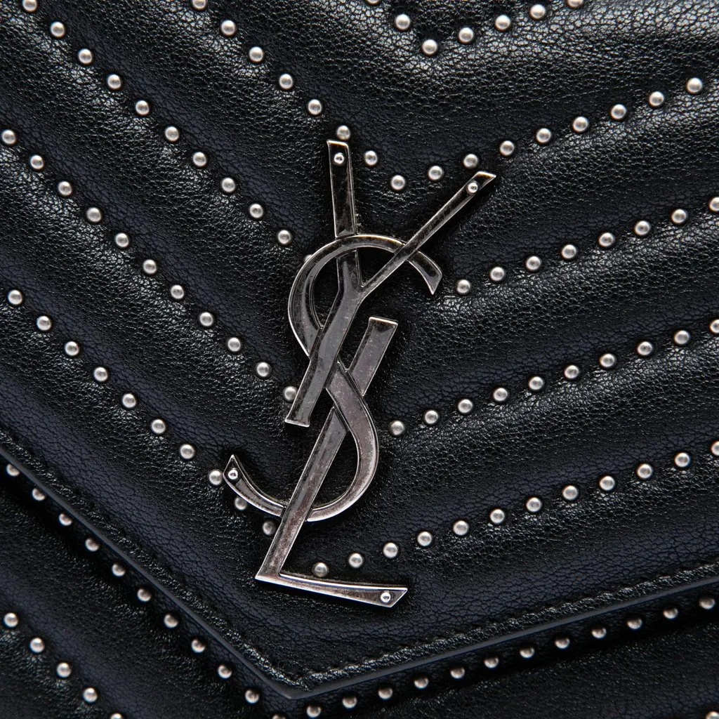 Saint Laurent Chevron Studded Sheepskin Monogram Envelope Chain Wallet Black Leather Very good - Box View