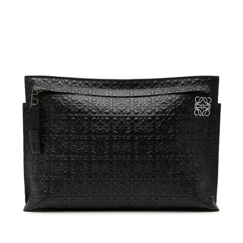 LOEWE Embossed Anagram Leather Repeat T Clutch Black Leather Very good - Front View