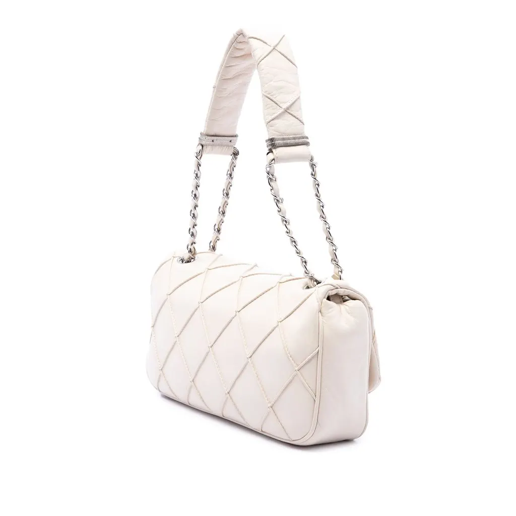 Chanel CC Double Stitch Lambskin Single Flap White Leather Very good - Back View