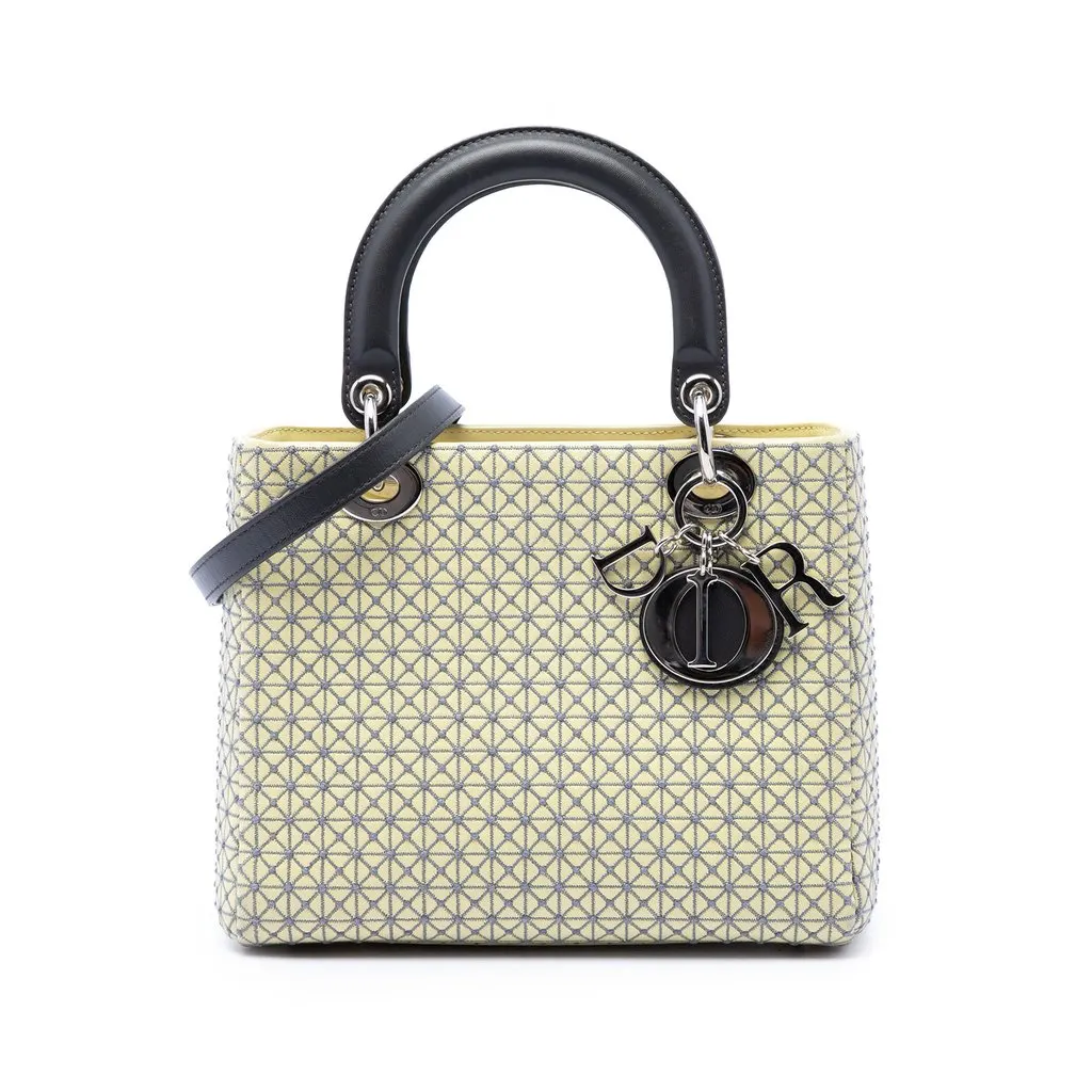 Dior Medium Embroidered Lambskin Microcannage Lady Dior Yellow Leather Very good - Front View