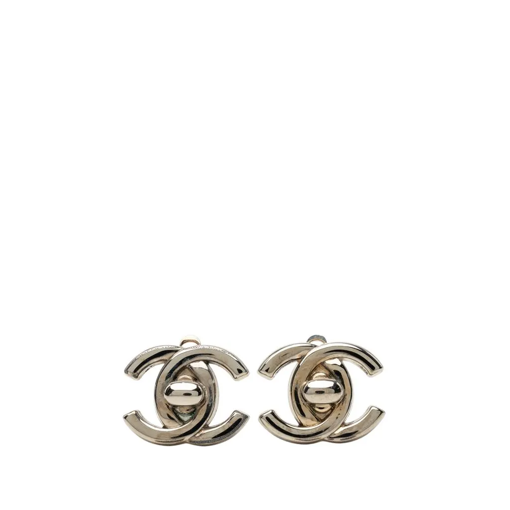 Chanel CC Brass Turn Lock Clip On Earrings Silver Metal Very good - Front View