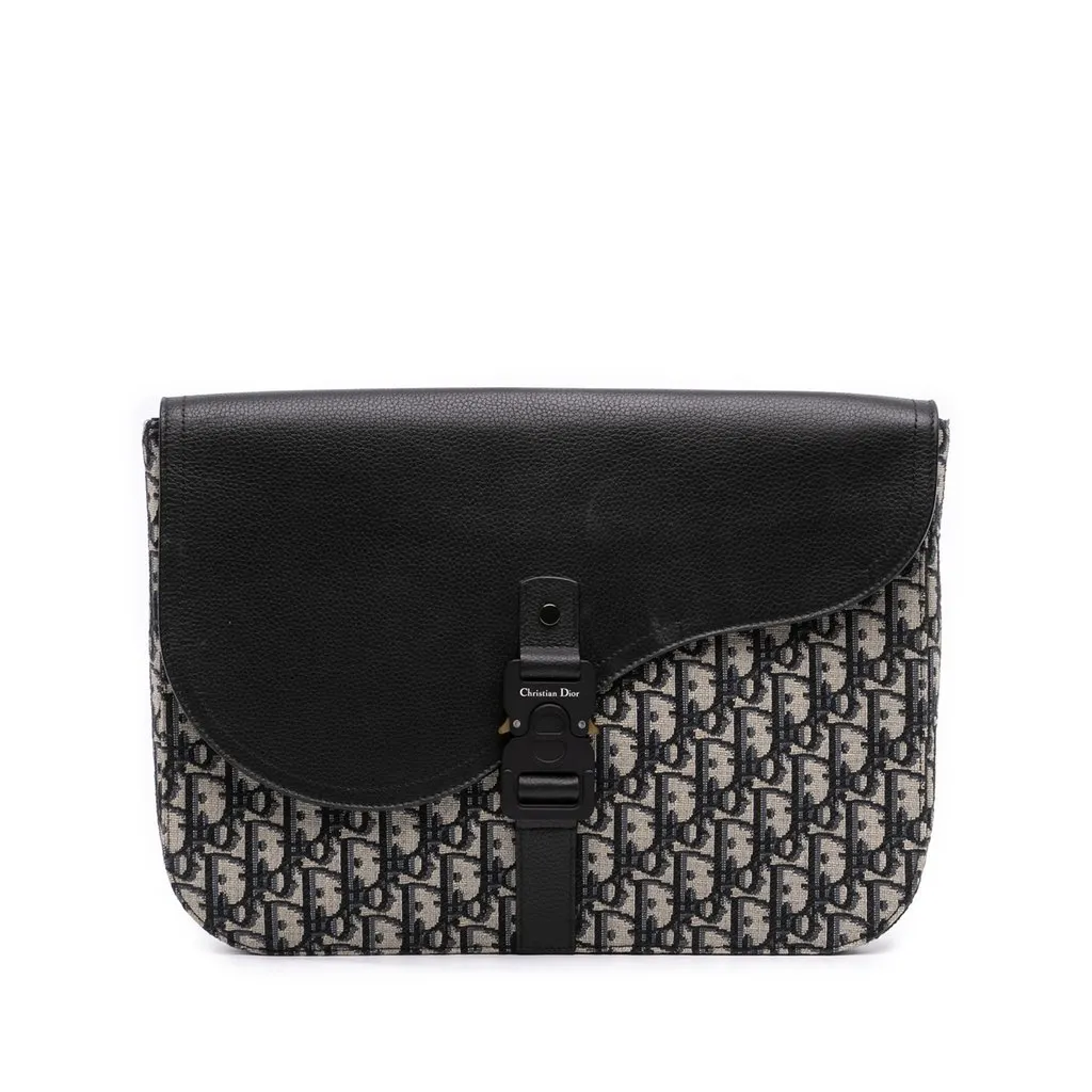 Dior Oblique Canvas and Leather Saddle A4 Pouch Blue Very good - Front View
