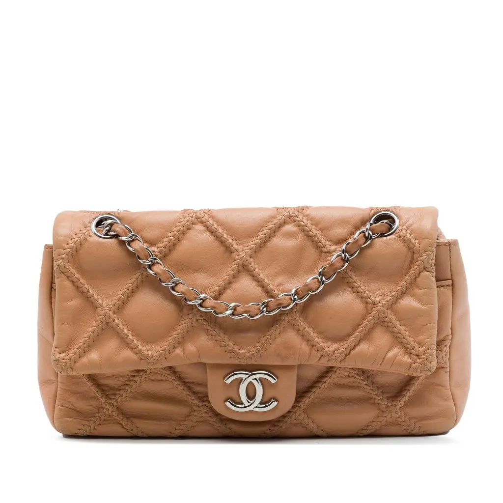 Chanel CC Quilted Calfskin Embossed Stitch Flap Brown Leather Very good - Front View