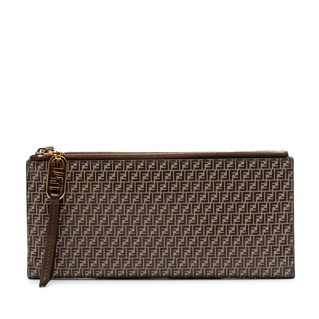 Fendi Micro Zucchino Coated Canvas Bifold Long Wallet Brown Very good - Front View