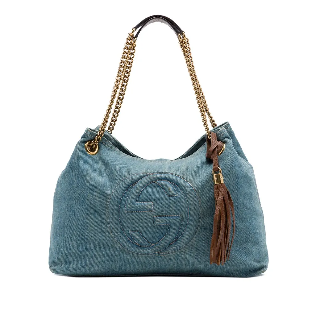 Gucci Medium Denim Soho Chain Tote Blue Very good - Front View
