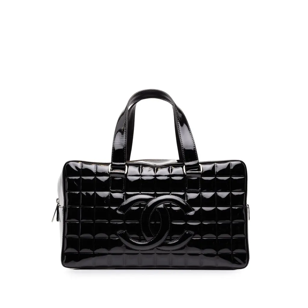 Chanel CC Chocolate Bar Patent Bowler Bag Black Leather Very good - Front View