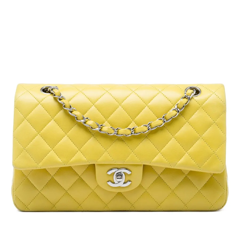 Chanel Medium Classic Lambskin Double Flap Yellow Leather Very good - Front View