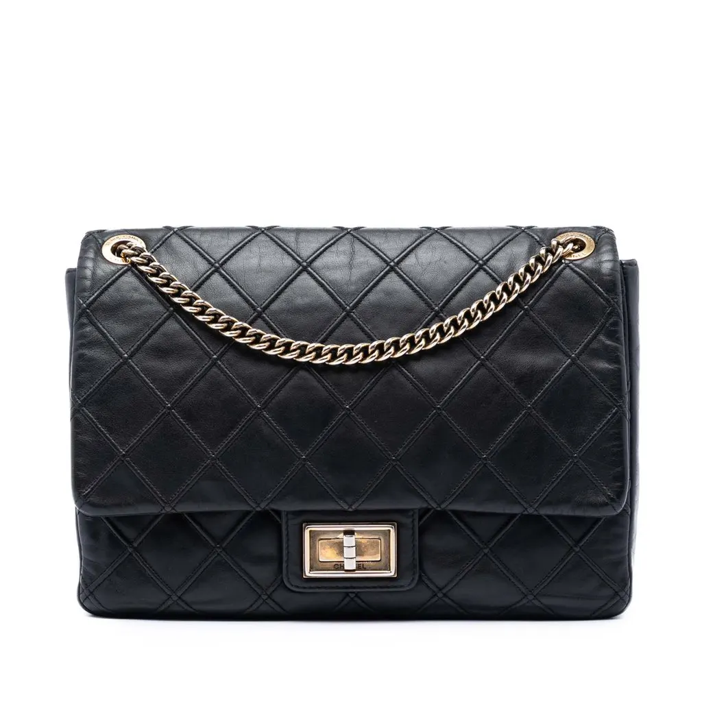Chanel Large Diamond Debossed Calfskin Reissue 2.55 Cosmos Flap Black Leather Very good - Front View