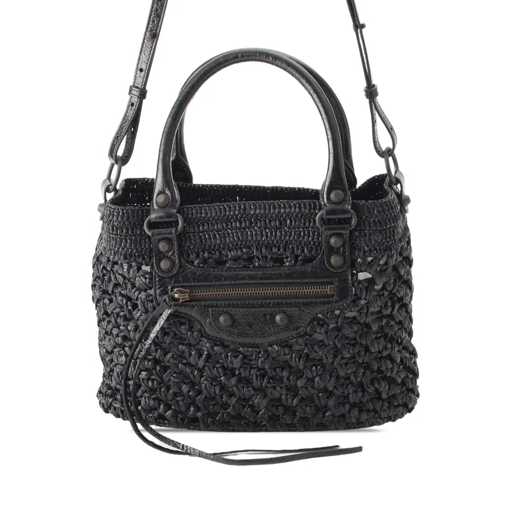 Balenciaga Small Raffia Effect Crochet Le City Basket Bag Black Very good - Front View
