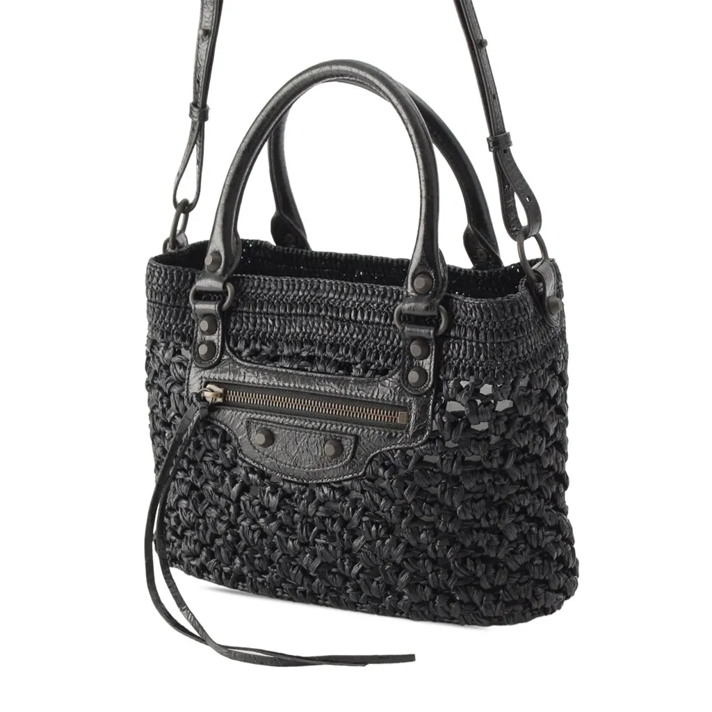Balenciaga Small Raffia Effect Crochet Le City Basket Bag Black Very good - Back View