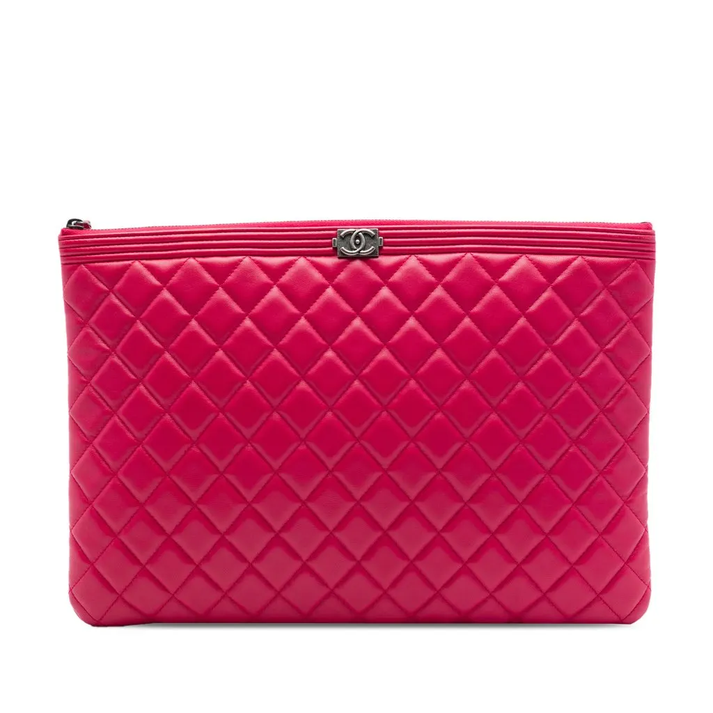 Chanel Large Quilted Calfskin Chain Boy O Case Clutch Red Leather Very good - Front View