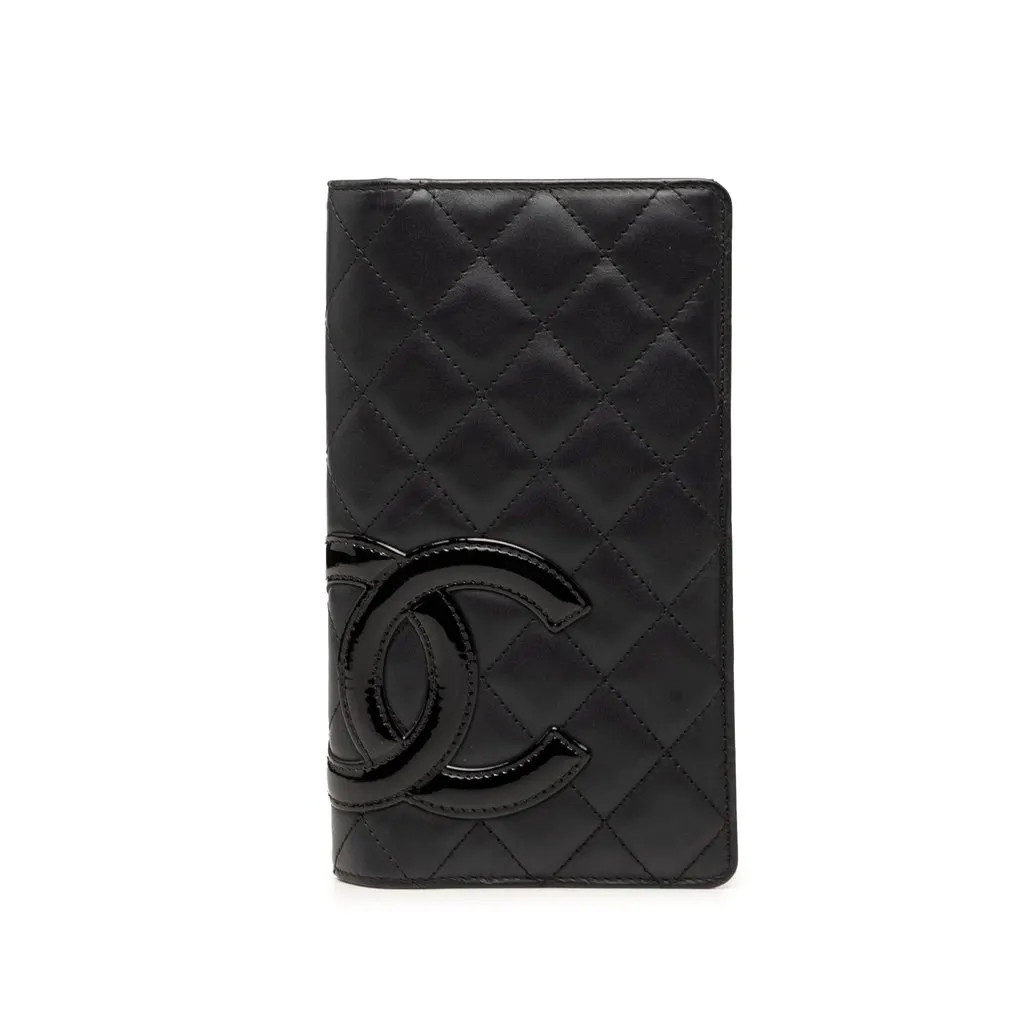Chanel Quilted Lambskin Cambon Ligne Bifold Wallet Black Leather Very good - Front View