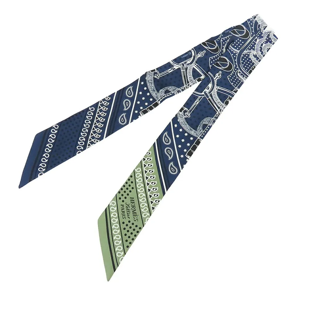 Hermès Eperon d Or Bandana Silk Twilly Scarf Blue Very good - Back View