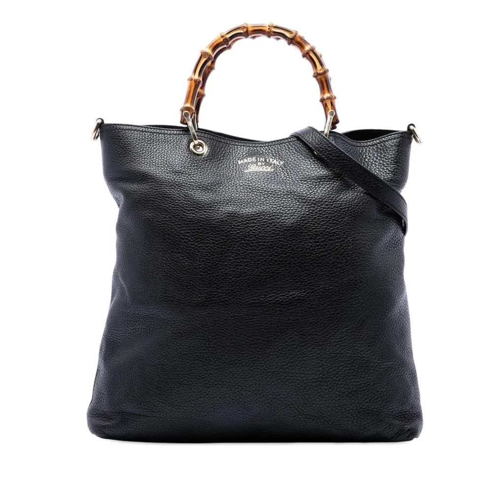 Gucci Tall Pebbled Calfskin Bamboo Shopper Tote Black Leather Very good - Front View