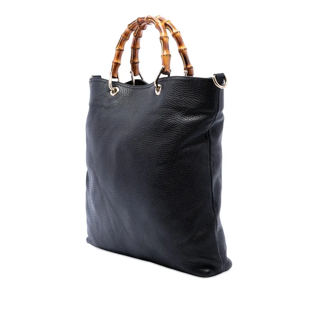 Gucci Tall Pebbled Calfskin Bamboo Shopper Tote Black Leather Very good - Back View