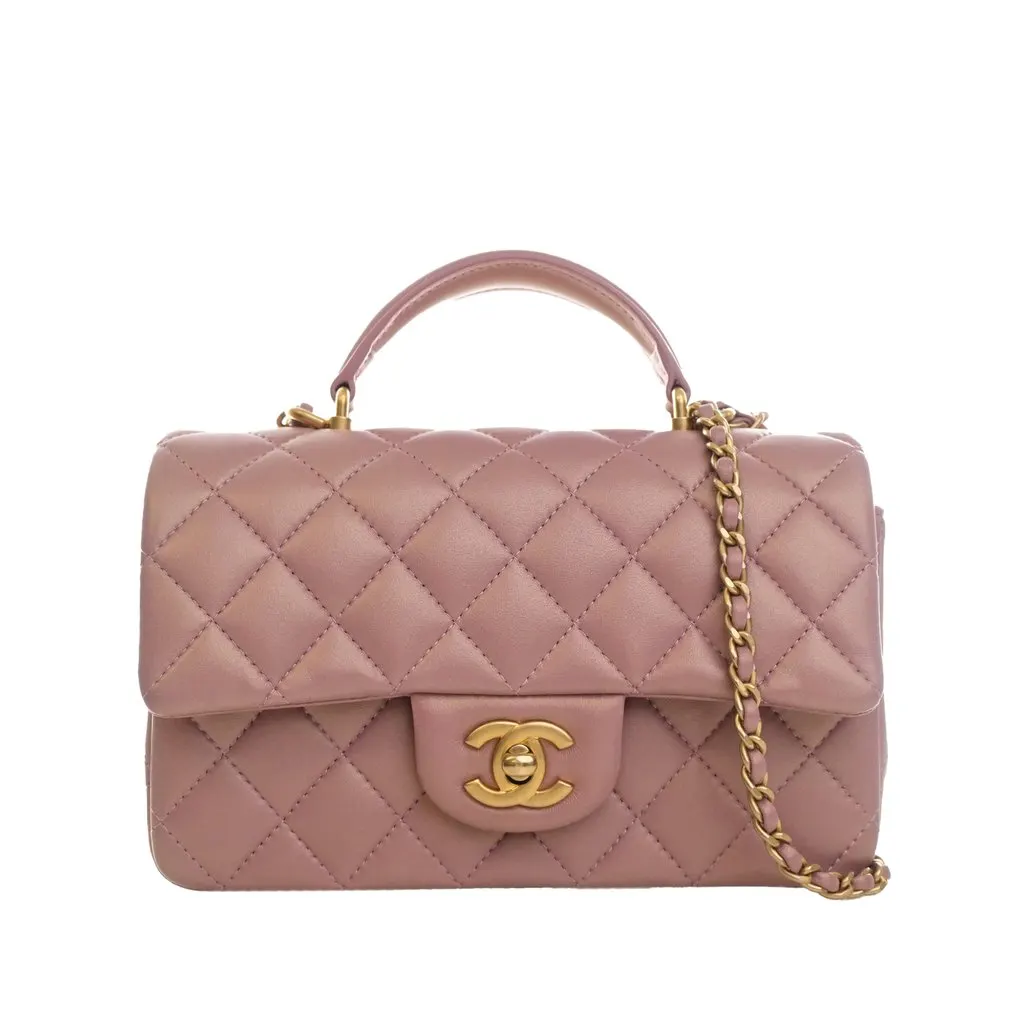 Chanel Mini Rectangular Classic Lambskin Top Handle Flap Pink Leather Very good - Front View