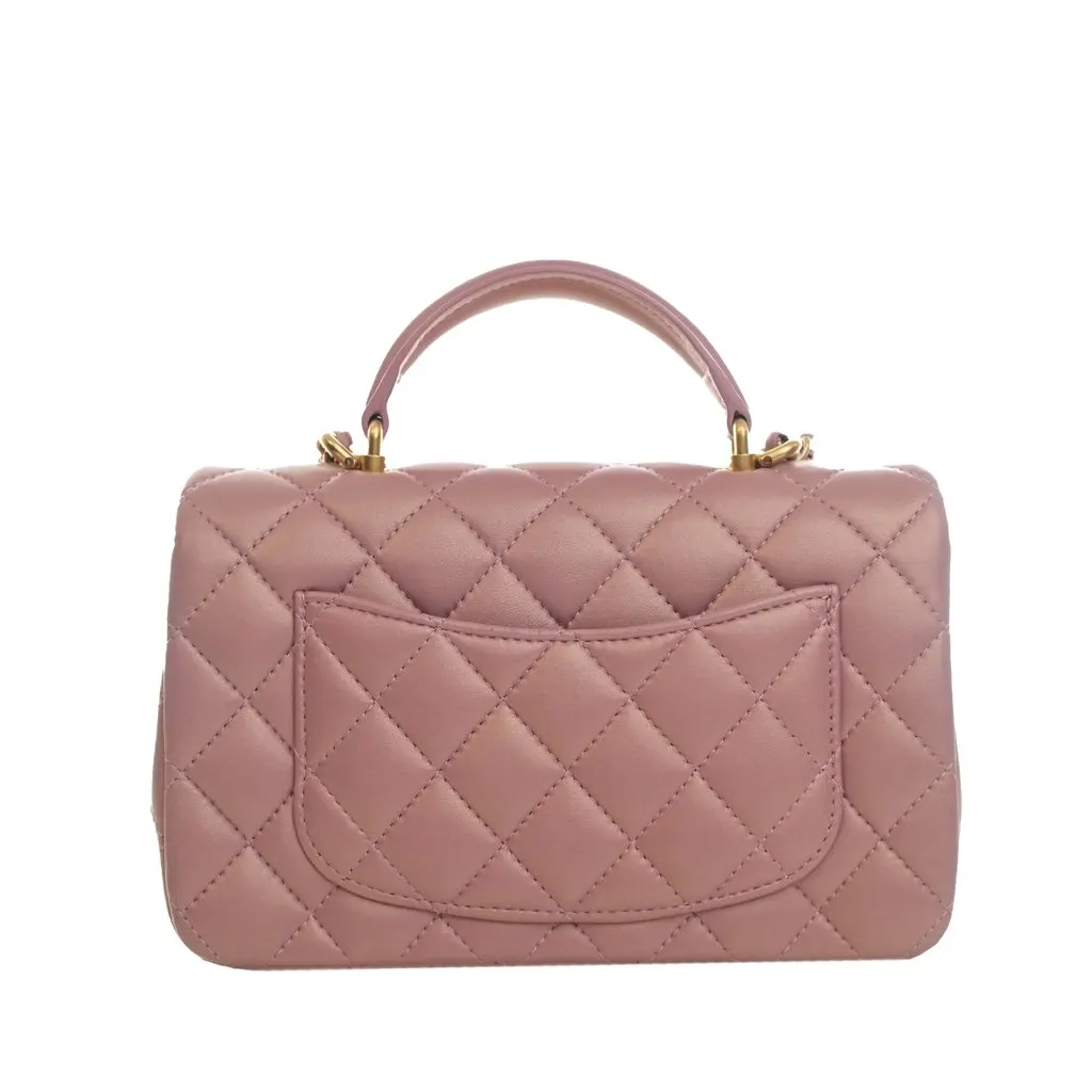 Chanel Mini Rectangular Classic Lambskin Top Handle Flap Pink Leather Very good - Back View