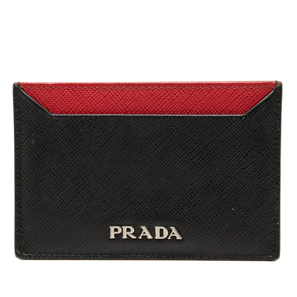 Prada Bicolor Saffiano Card Holder Black Leather Very good - Front View