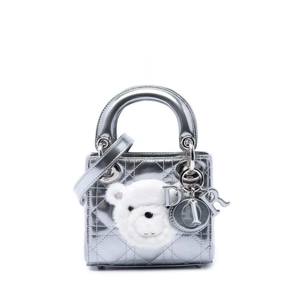 Dior Micro Metallic Patent Cannage Bear Lady Dior Silver Leather Very good - Front View