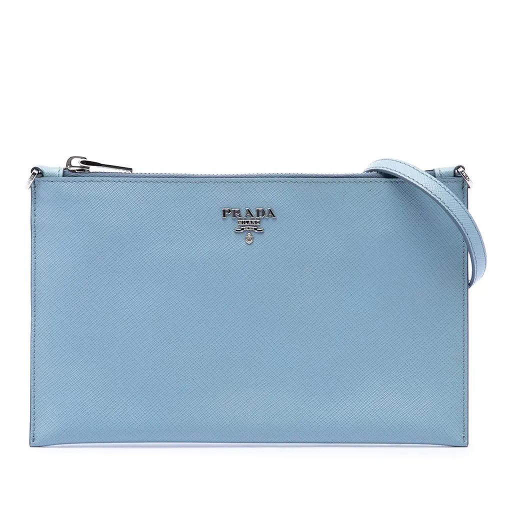 Prada Saffiano Shoulder Bag Blue Leather Very good - Front View